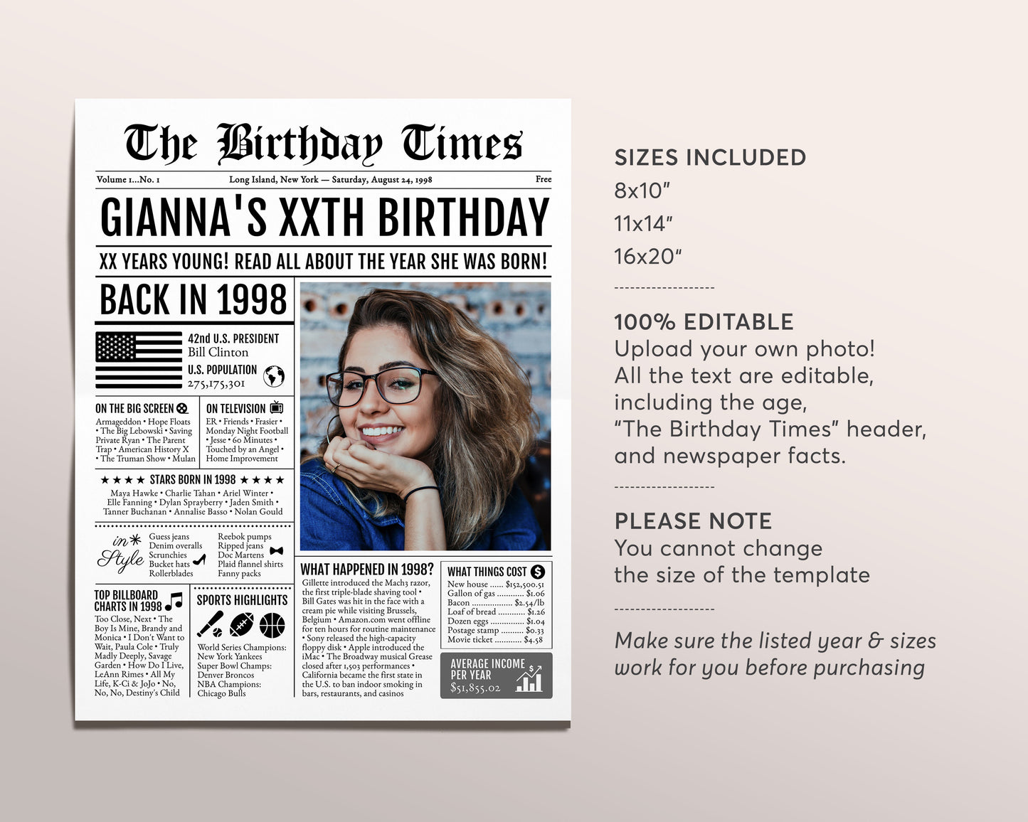 Back in 1998 Birthday Newspaper Editable Template, 25 26 27 Years Ago, 25th 26th 27th Birthday Sign Decorations Decor for Men or Women