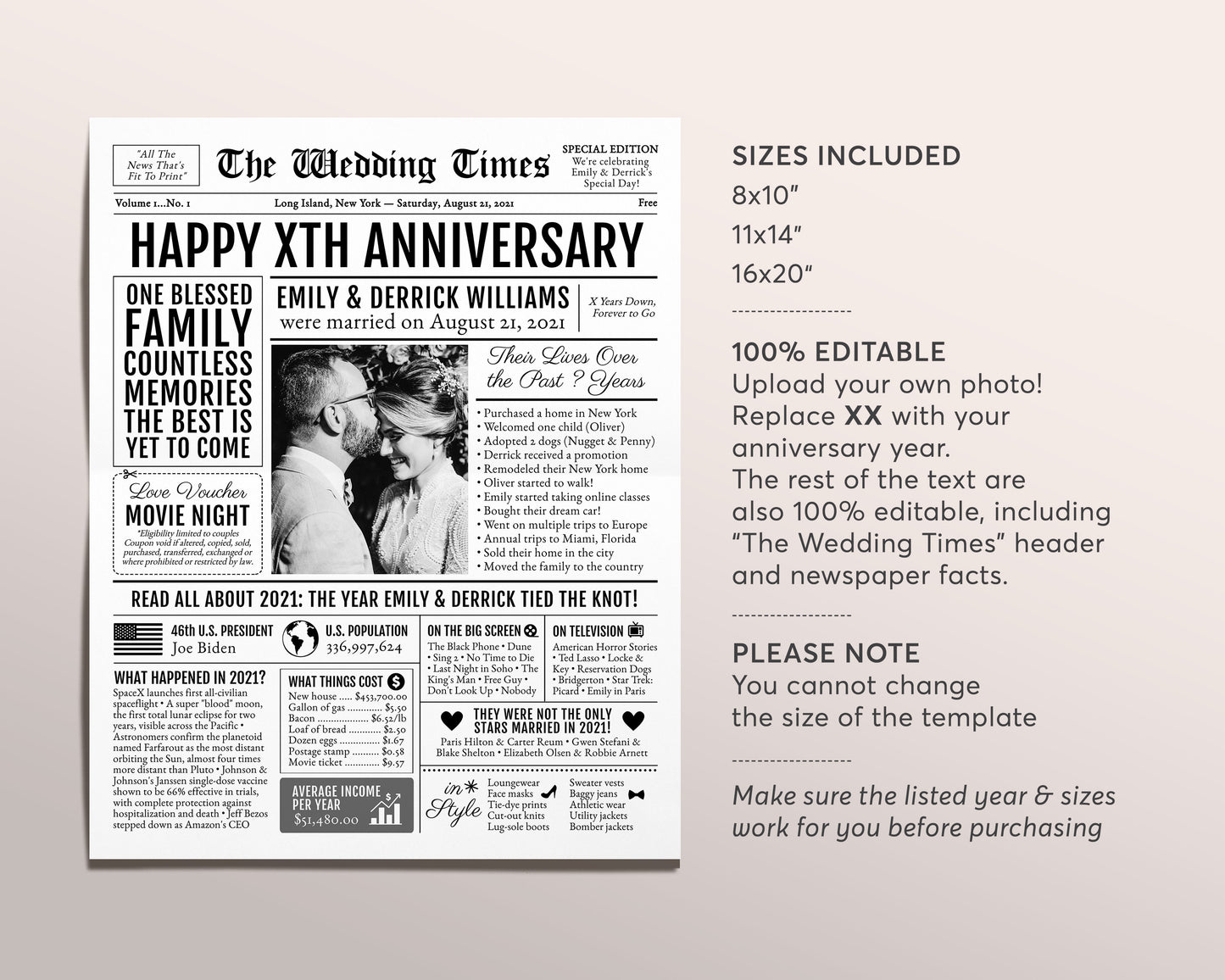 Back in 2021 2nd 3rd 4th Anniversary Gift Newspaper Editable Template, Personalized 2 3 4 Year Wedding For Parents Husband Or Wife