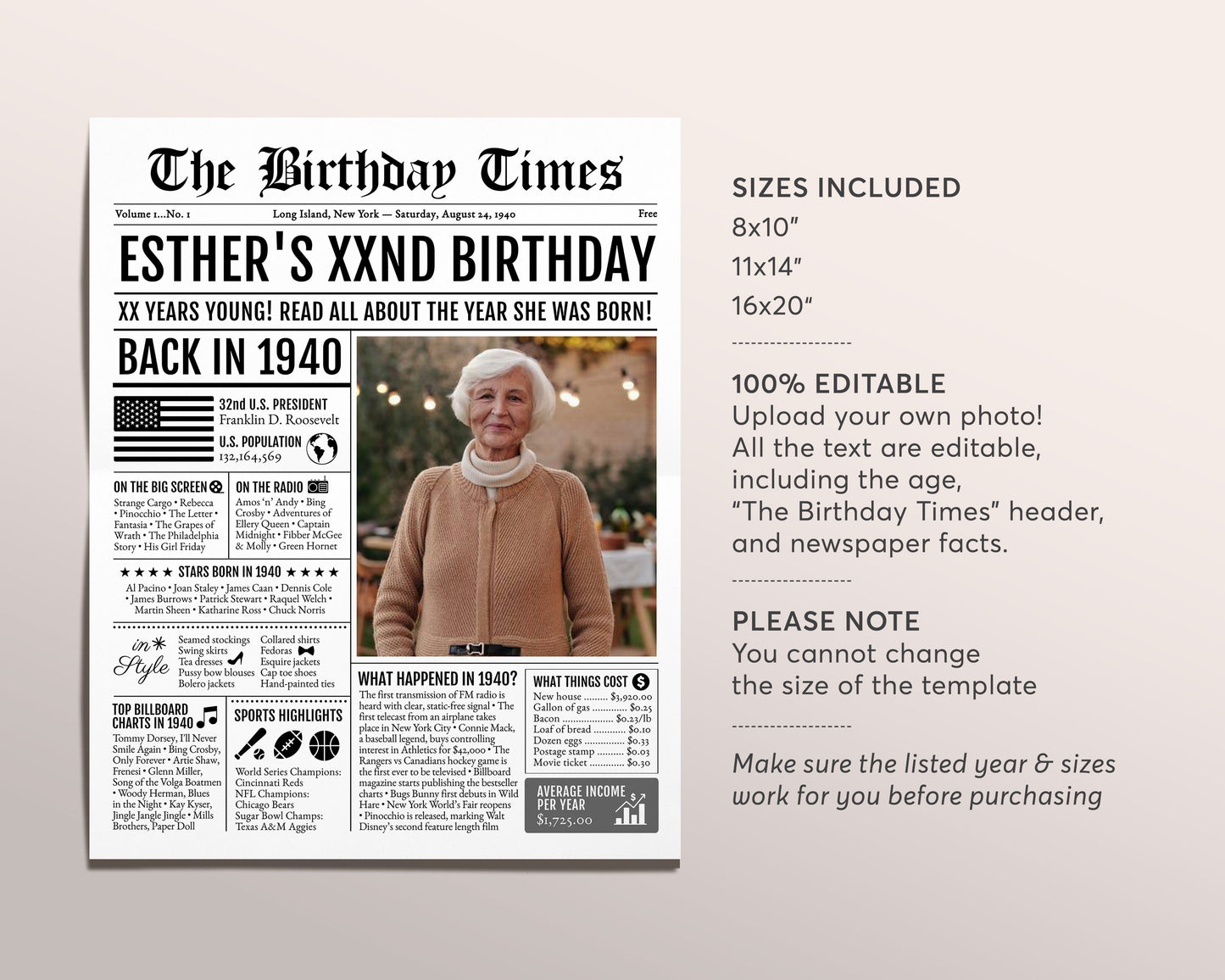Back in 1940 Birthday Newspaper Editable Template, 83 84 85 Years Ago, 83rd 84th 85th Birthday Sign Decorations Decor for Men or Women