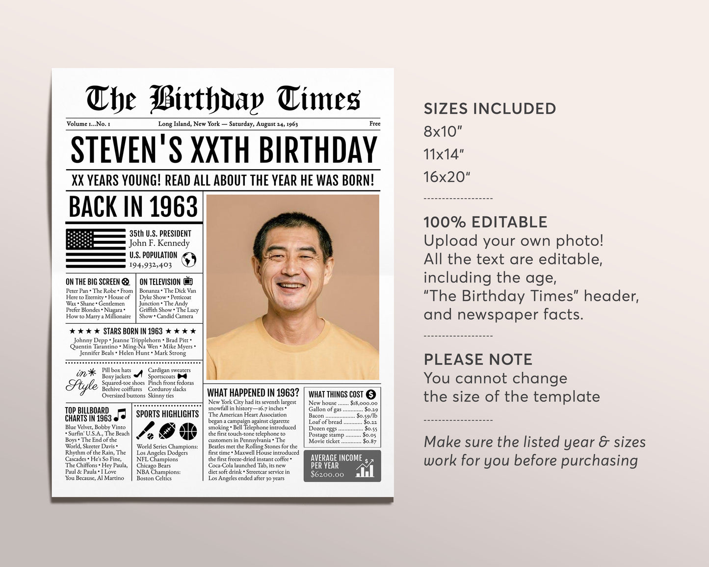 Back in 1963 Birthday Newspaper Editable Template, 60 61 62 Years Ago, 60th 61st 62nd Birthday Sign Decorations Decor for Men or Women