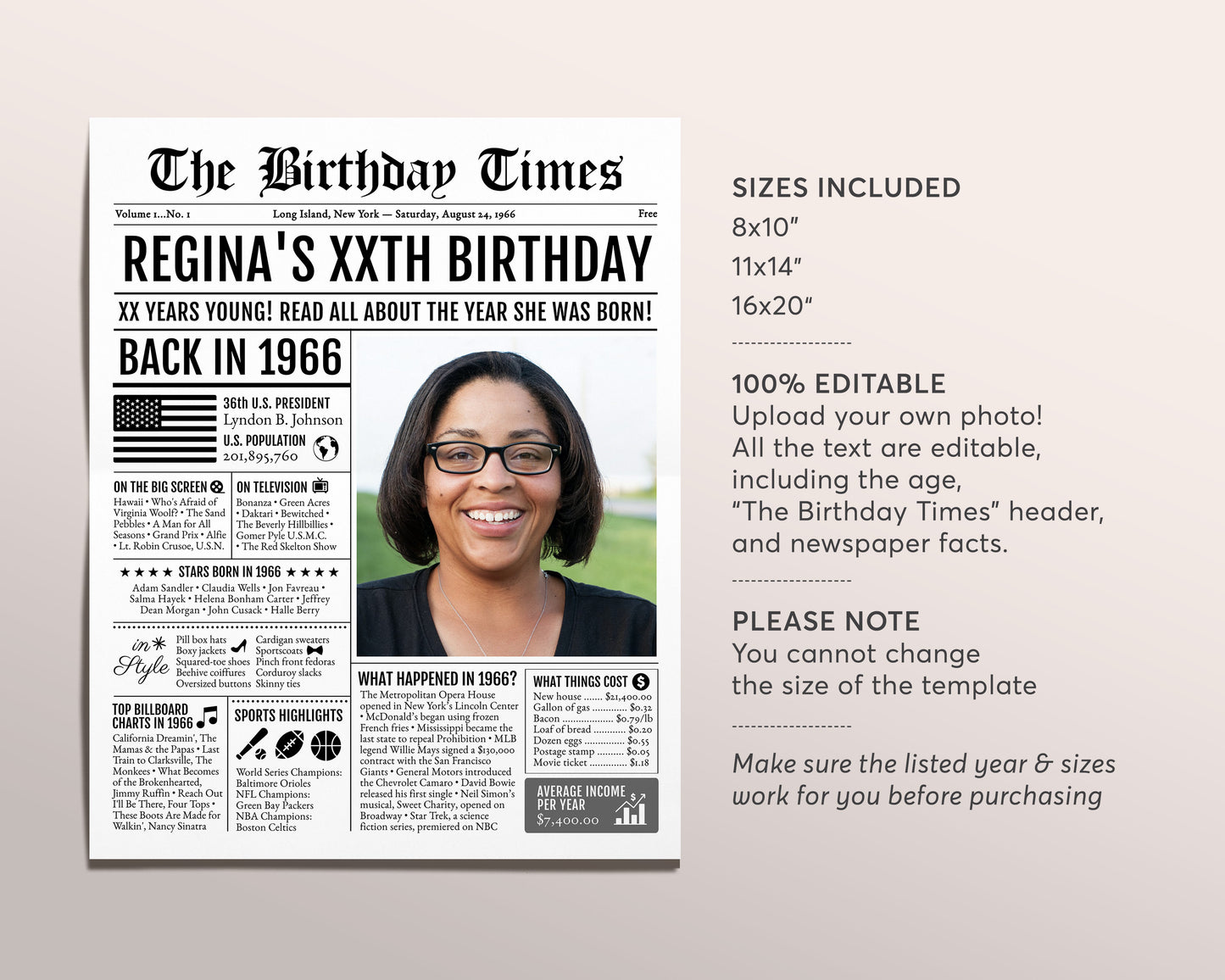 Back in 1966 Birthday Newspaper Editable Template, 57 58 59 Years Ago, 57th 58th 59th Birthday Sign Decorations Decor for Men or Women