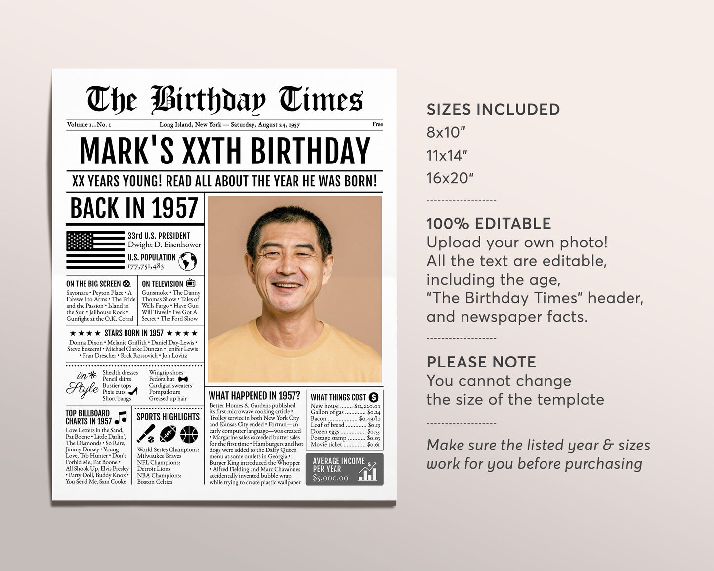 Back in 1957 Birthday Newspaper Editable Template, 66 67 68 Years Ago, 66th 67th 68th Birthday Sign Decorations Decor for Men or Women