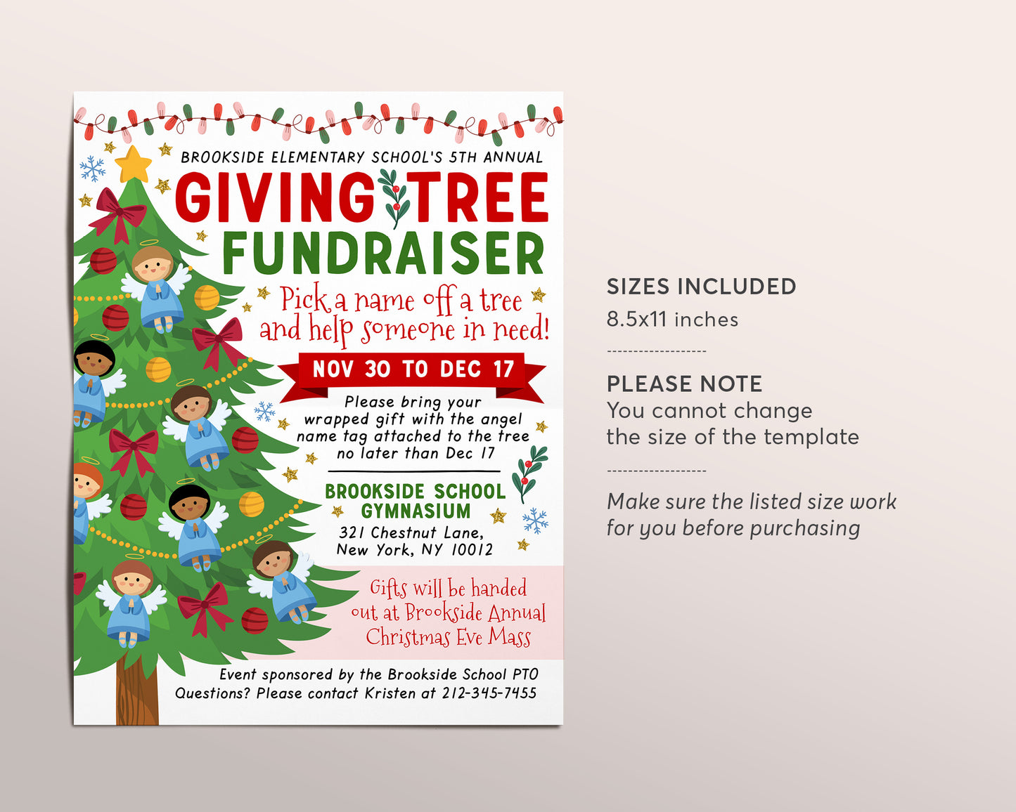 Christmas Giving Tree With Angels Fundraiser Flyer Editable Template, Charity Nonprofit Toy Drive Community Xmas Event Church School PTO PTA