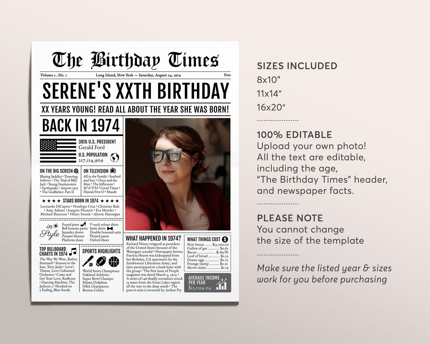 Back in 1974 Birthday Newspaper Editable Template, 49 50 51 Years Ago, 49th 50th 51st Birthday Sign Decorations Decor for Men or Women