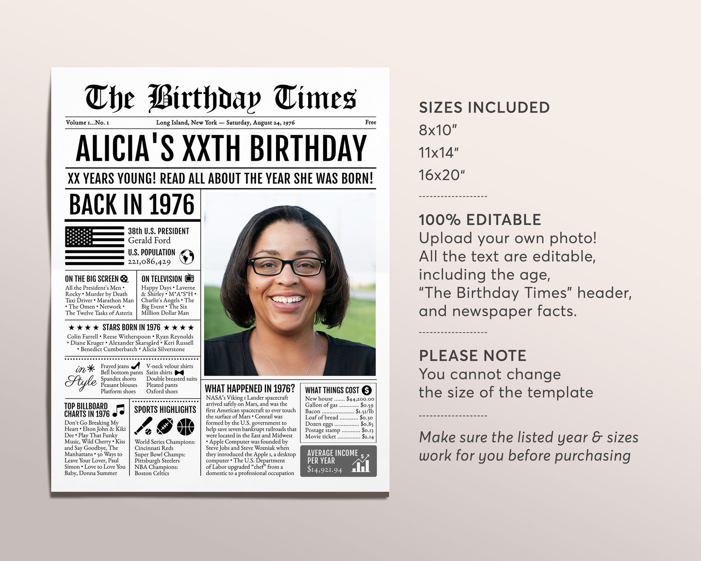 Back in 1976 Birthday Newspaper Editable Template, 47 48 49 Years Ago, 47th 48th 49th Birthday Sign Decorations Decor for Men or Women