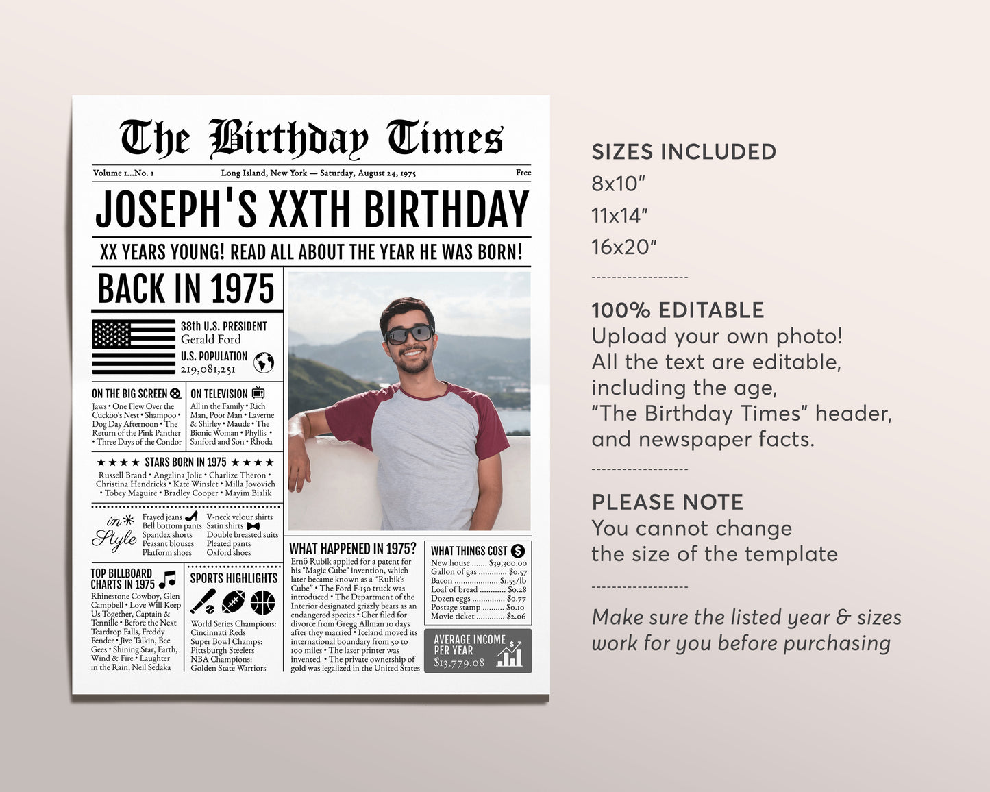 Back in 1975 Birthday Newspaper Editable Template, 48 49 50 Years Ago, 48th 49th 50th Birthday Sign Decorations Decor for Men or Women