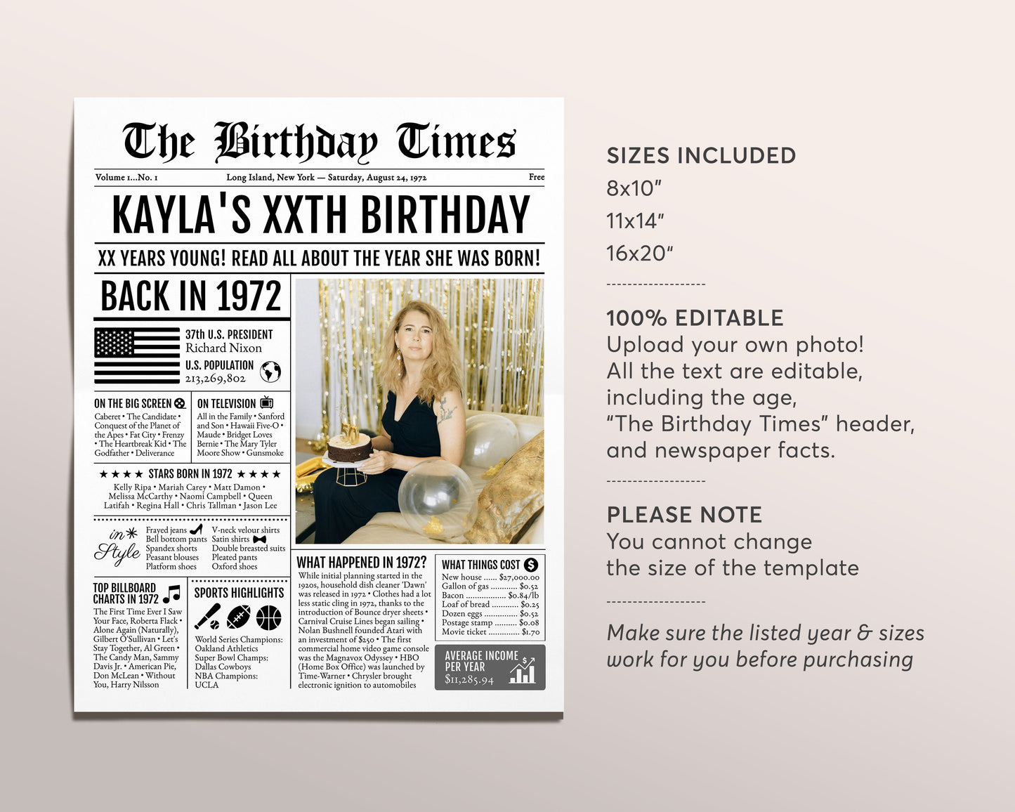 Back in 1972 Birthday Newspaper Editable Template, 51 52 53 Years Ago, 51st 52th 53th Birthday Sign Decorations Decor for Men or Women