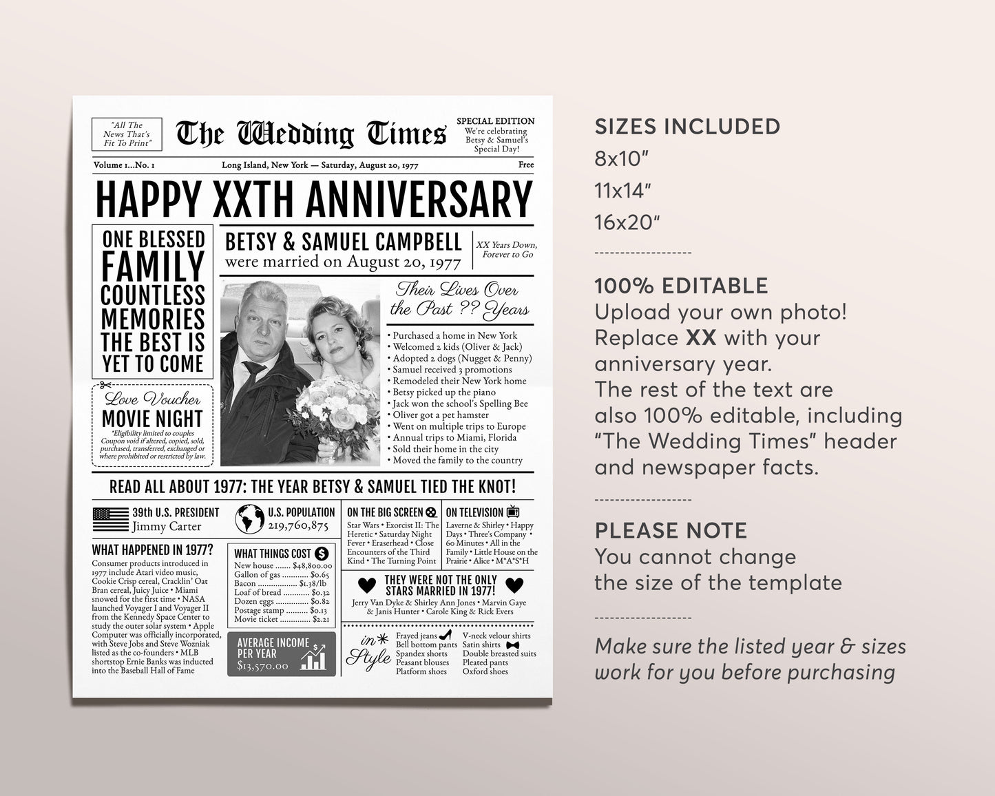 Back in 1977 46th 47th 48th Anniversary Gift Newspaper Editable Template, Personalized 46 47 48Year Wedding For Parents Husband Or Wife