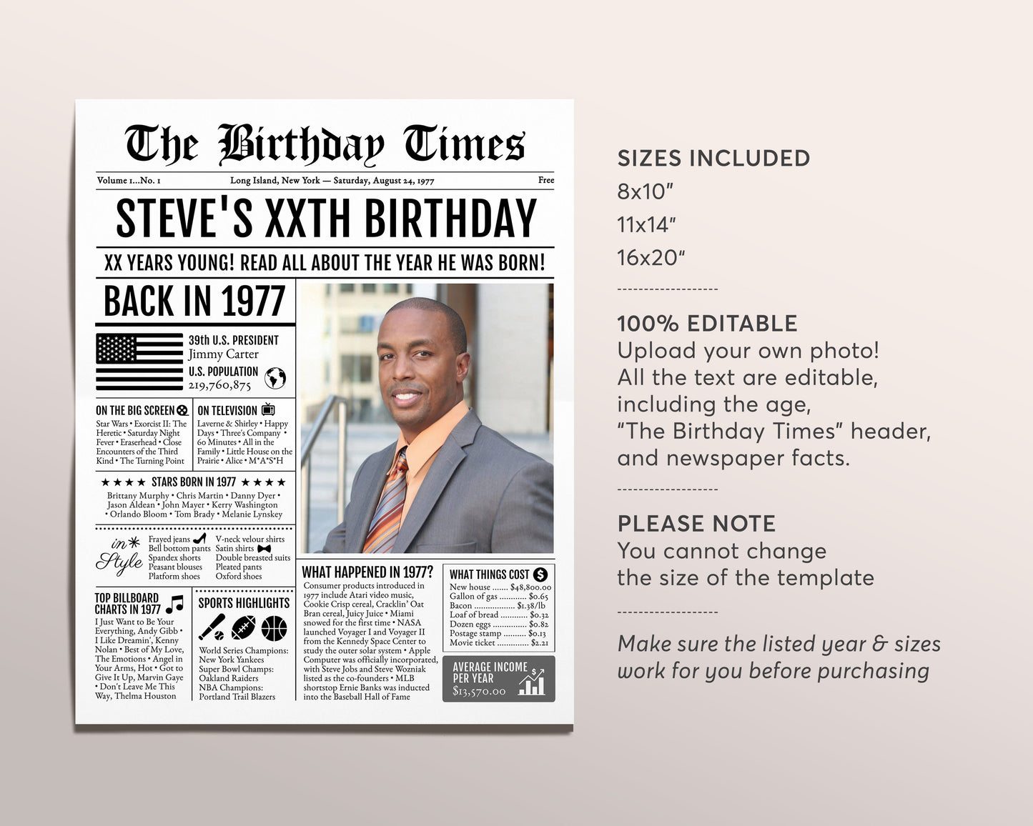 Back in 1977 Birthday Newspaper Editable Template, 46 47 48 Years Ago, 46th 47th 48th Birthday Sign Decorations Decor for Men or Women