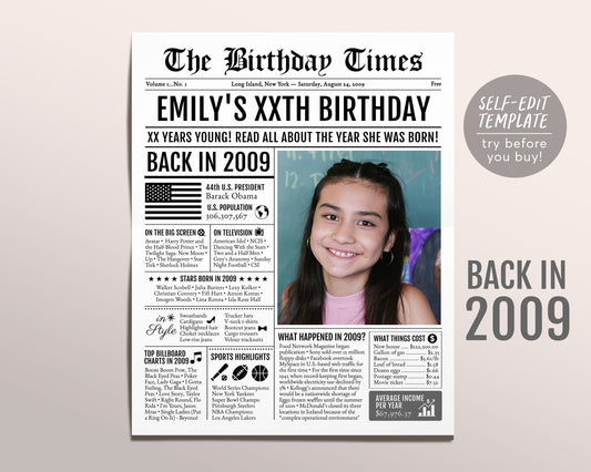 Back in 2009 Birthday Newspaper Editable Template, 14 15 16 Years Ago, 14th 15th 16th 17th Birthday Sign Decorations Decor for Men or Women