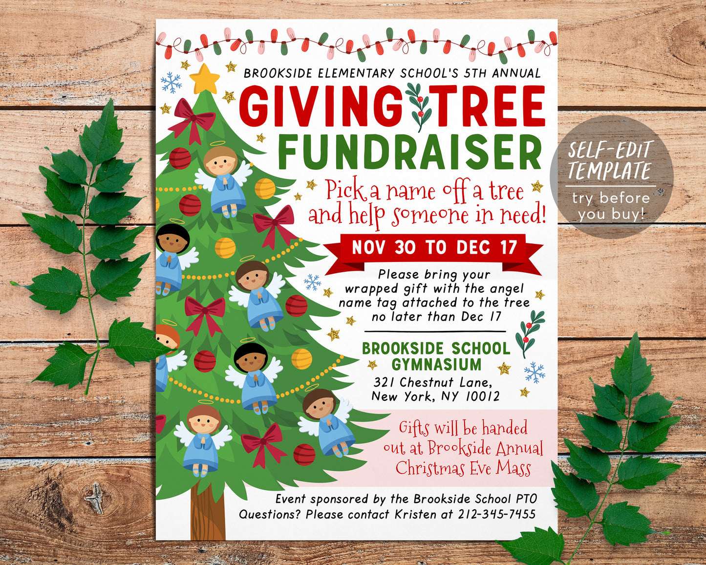 Christmas Giving Tree With Angels Fundraiser Flyer Editable Template, Charity Nonprofit Toy Drive Community Xmas Event Church School PTO PTA