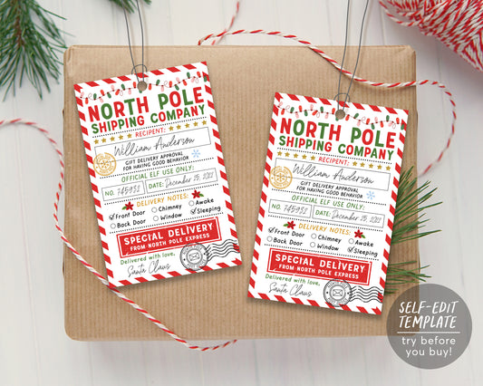 North Pole Delivery Tags Editable Template, Santa Gift Tags, Christmas Eve Box Label, Santa's Nice List, Holiday Gift Labels, Elf Delivery
