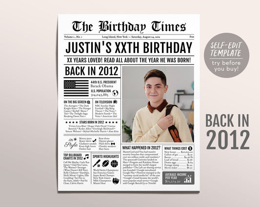 Back in 2012 Birthday Newspaper Editable Template, 11 12 13 Years Ago, 11th 12th 13th Birthday Sign Decorations Decor for Men or Women