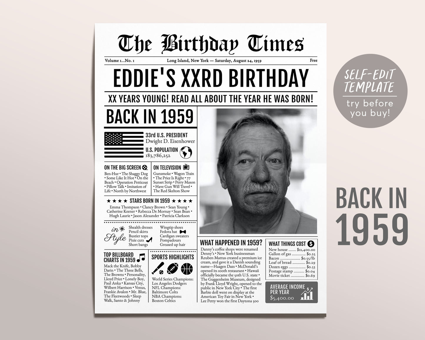 Back in 1959 Birthday Newspaper Editable Template, 64 65 66 Years Ago, 64th 65th 66th Birthday Sign Decorations Decor for Men or Women