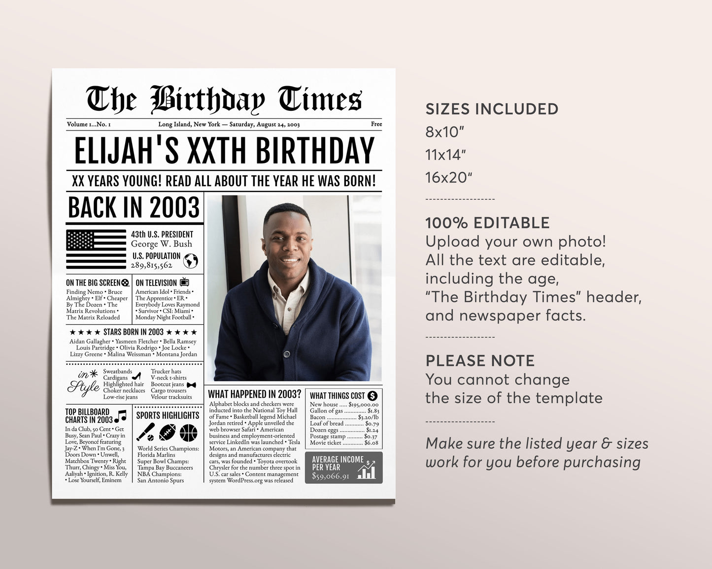 Back in 2003 Birthday Newspaper Editable Template, 20 21 22 Years Ago, 20th 21st 22nd Birthday Sign Decorations Decor for Men or Women