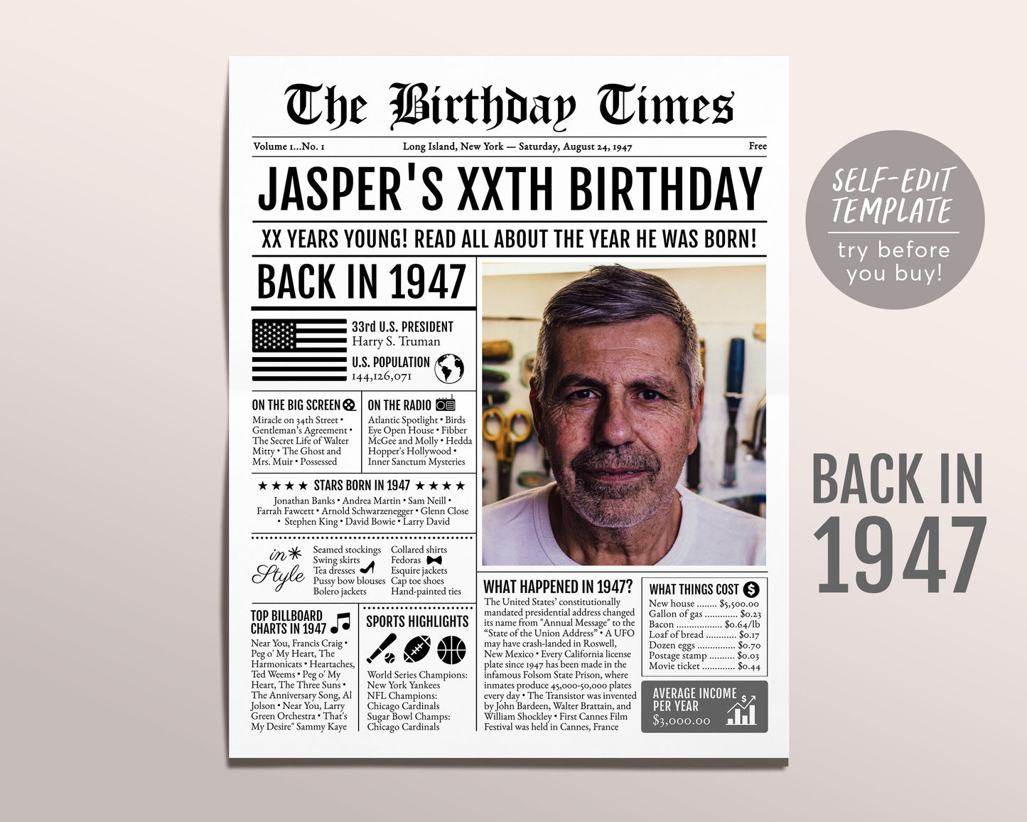 Back in 1947 Birthday Newspaper Editable Template, 76 77 78 Years Ago, 76th 77th 78th Birthday Sign Decorations Decor for Men or Women