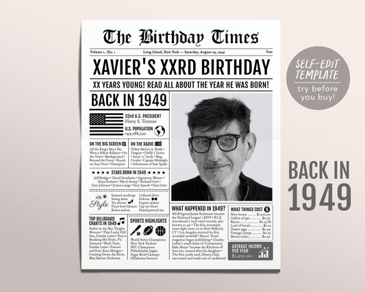 Back in 1949 Birthday Newspaper Editable Template, 74 75 76 Years Ago, 74th 75th 76th Birthday Sign Decorations Decor for Men or Women