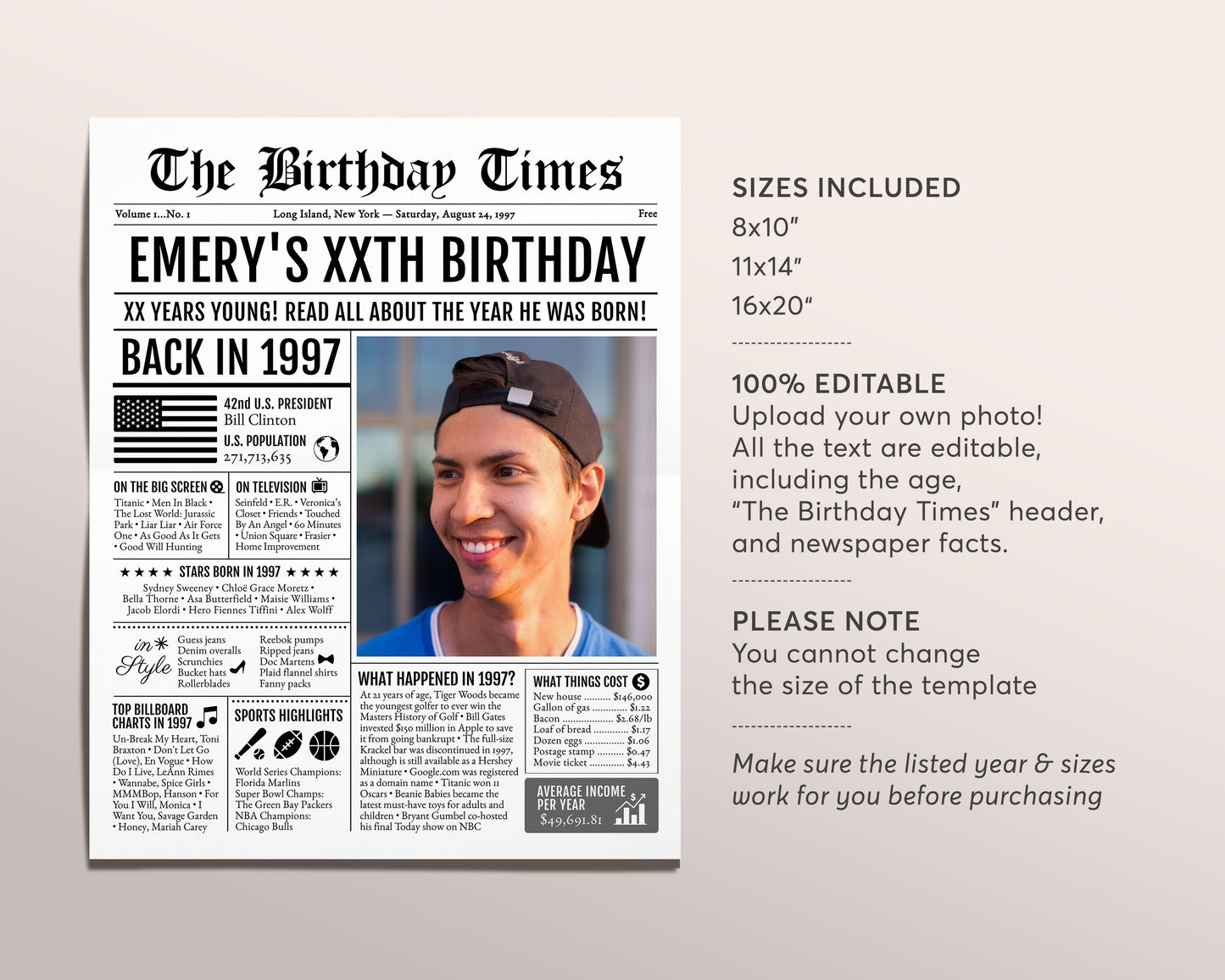 Back in 1997 Birthday Newspaper Editable Template, 26 27 28 Years Ago, 26th 27th 28th Birthday Sign Decorations Decor for Men or Women