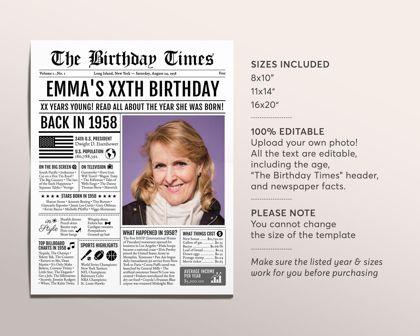 Back in 1958 Birthday Newspaper Editable Template, 65 66 67 Years Ago, 65th 66th 67th Birthday Sign Decorations Decor for Men or Women