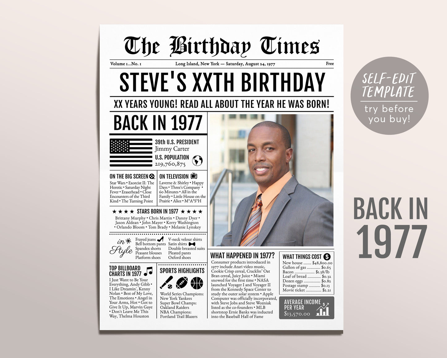 Back in 1977 Birthday Newspaper Editable Template, 46 47 48 Years Ago, 46th 47th 48th Birthday Sign Decorations Decor for Men or Women