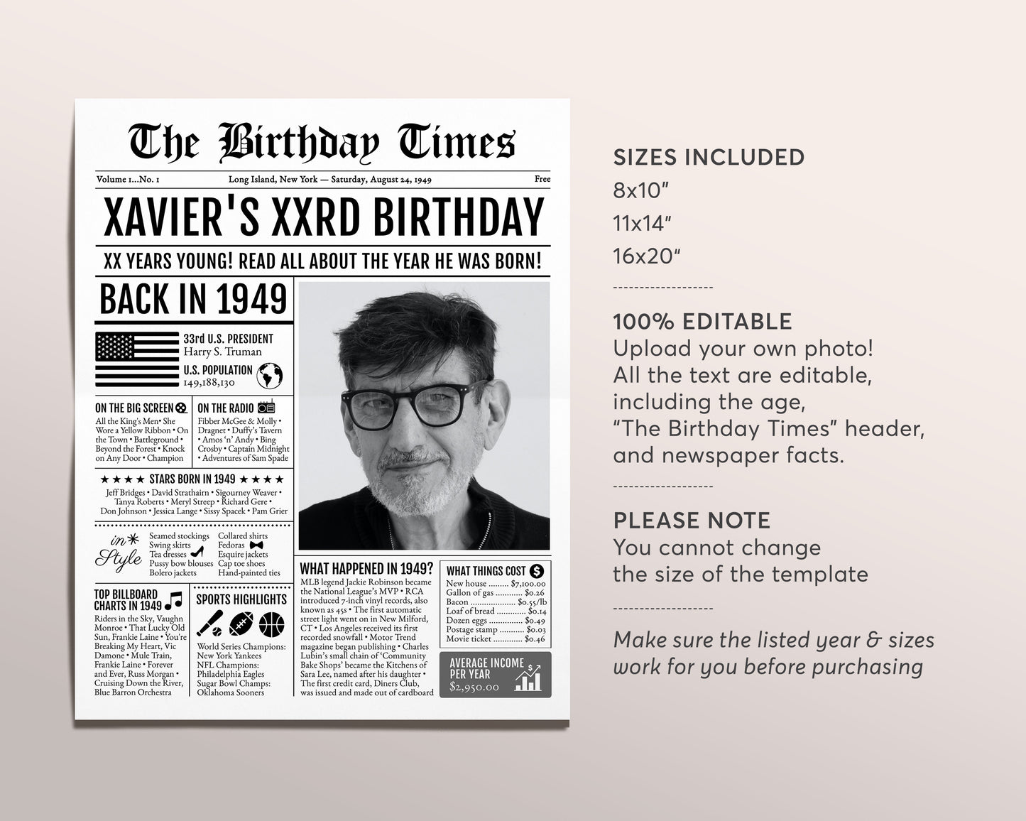 Back in 1949 Birthday Newspaper Editable Template, 74 75 76 Years Ago, 74th 75th 76th Birthday Sign Decorations Decor for Men or Women