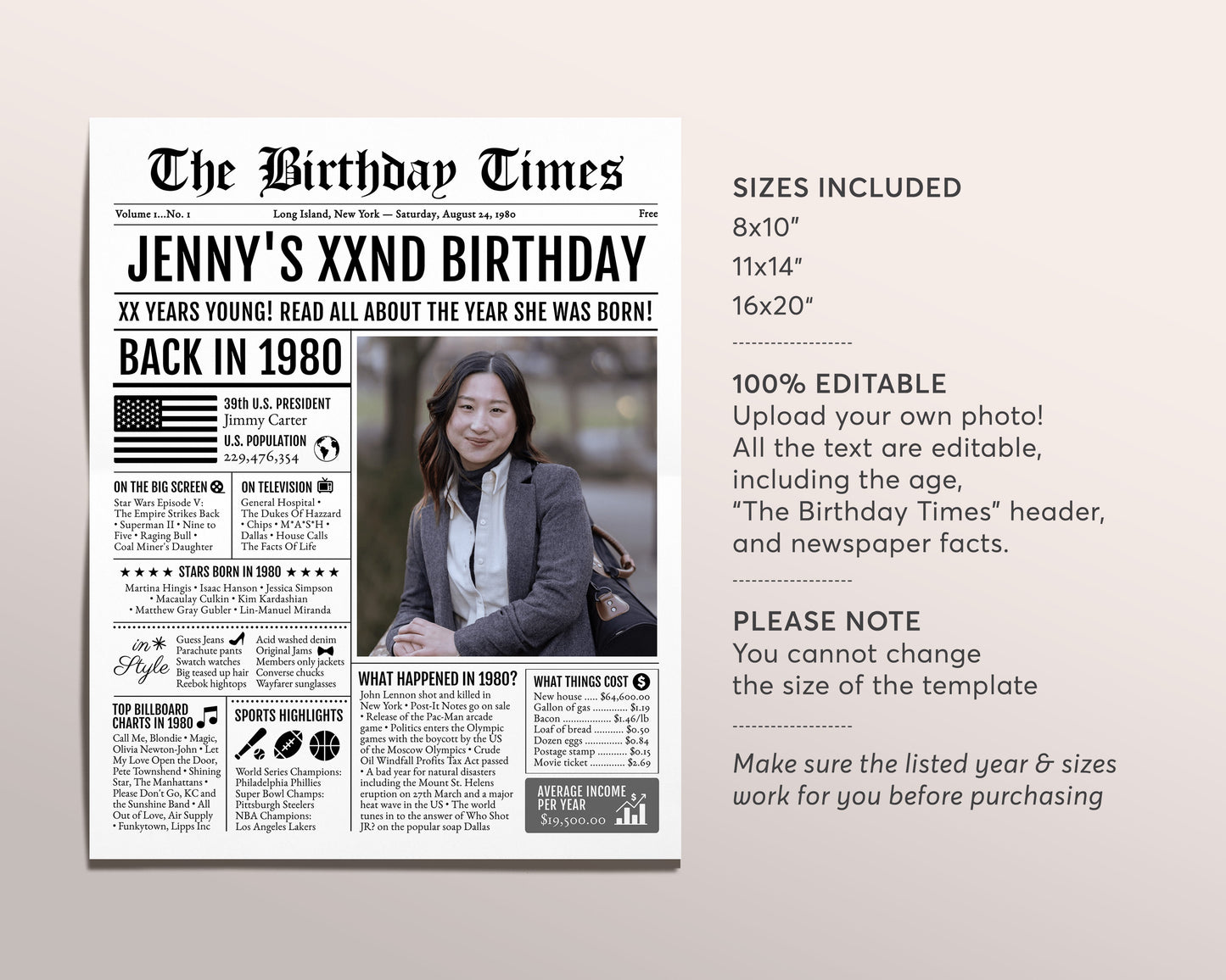 Back in 1980 Birthday Newspaper Editable Template, 43 44 45 Years Ago, 43rd 44th 45th Birthday Sign Decorations Decor for Men or Women