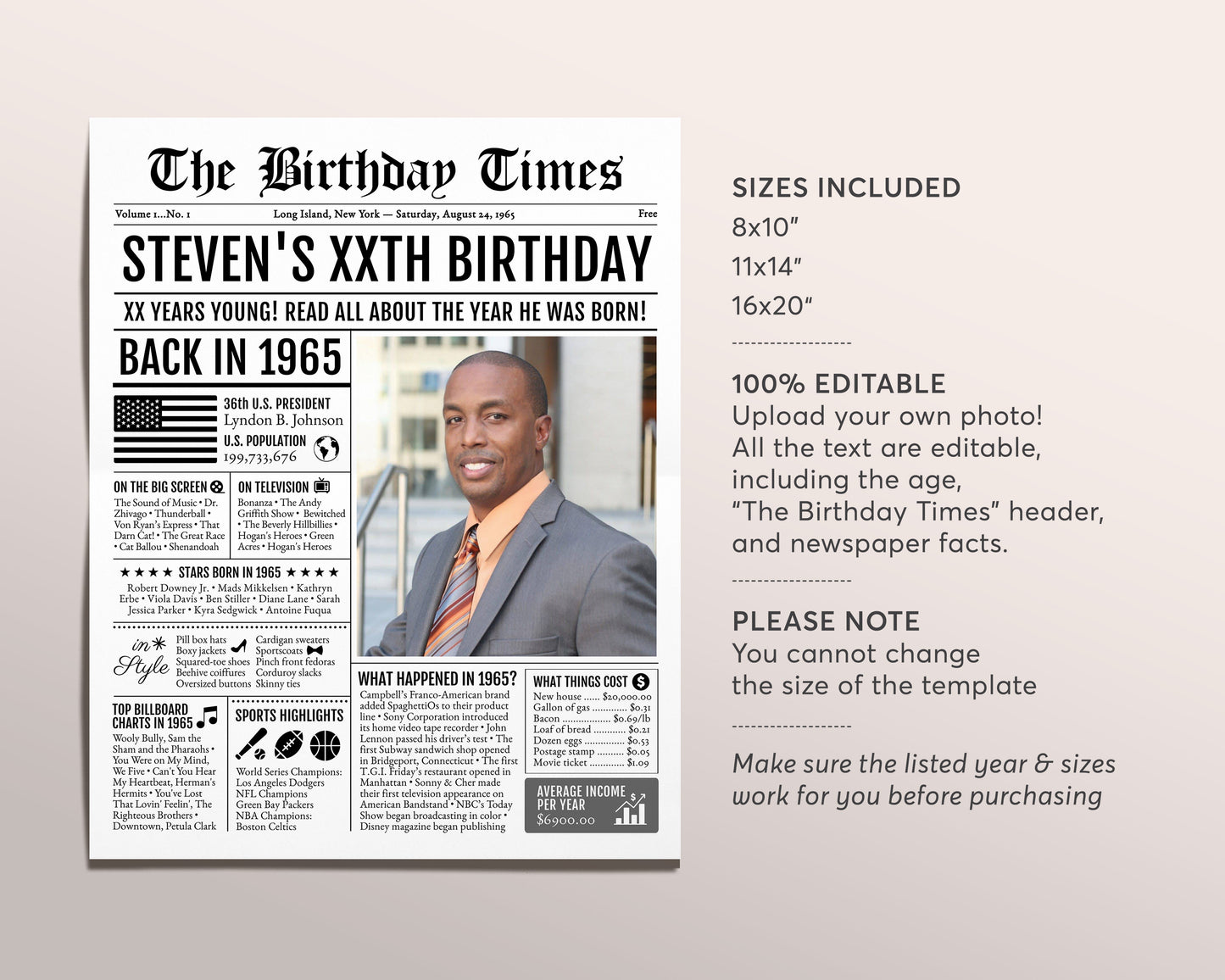 Back in 1965 Birthday Newspaper Editable Template, 58 59 60 Years Ago, 58th 59th 60th Birthday Sign Decorations Decor for Men or Women