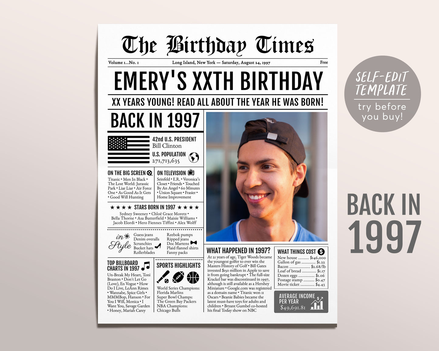 Back in 1997 Birthday Newspaper Editable Template, 26 27 28 Years Ago, 26th 27th 28th Birthday Sign Decorations Decor for Men or Women