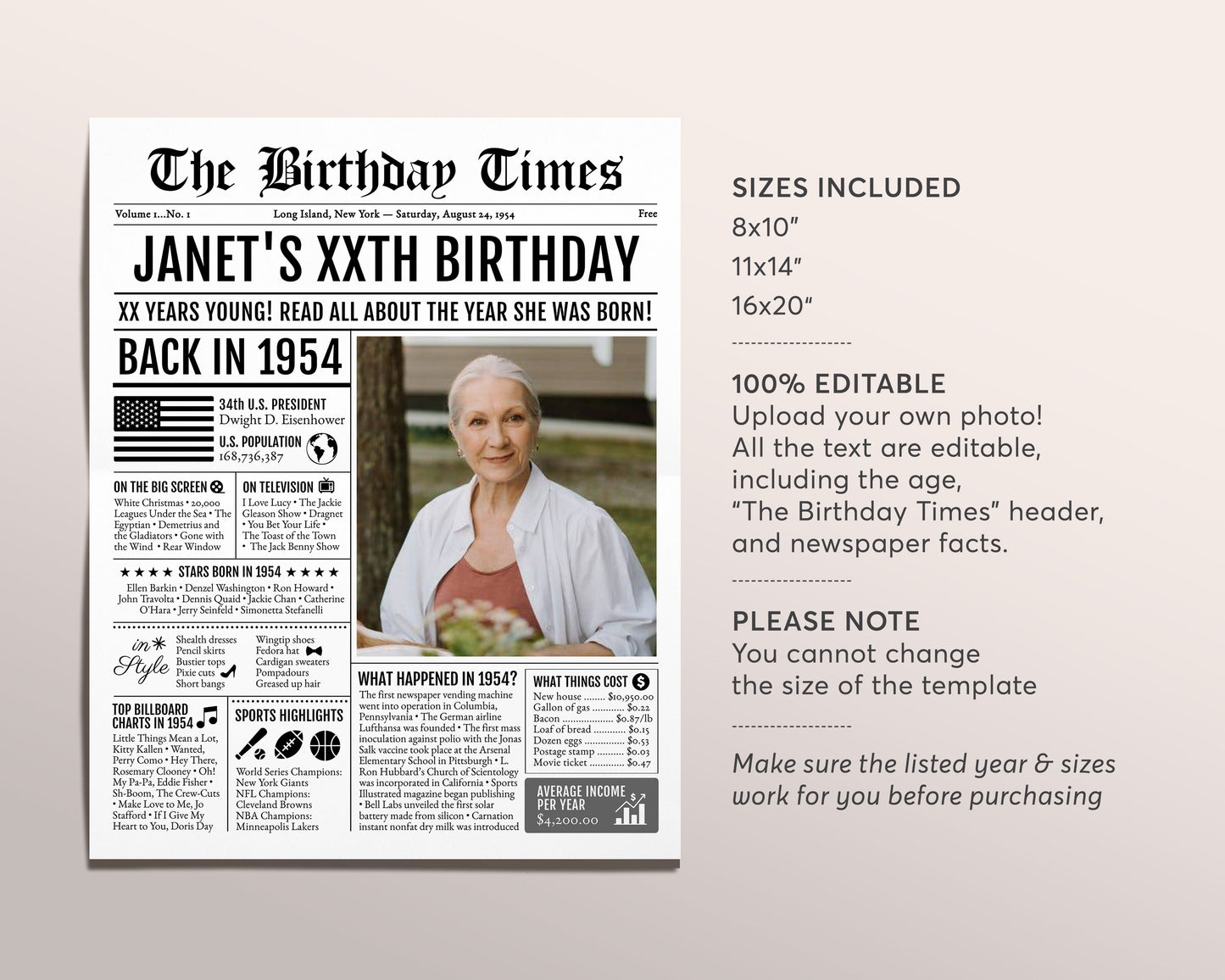 Back in 1954 Birthday Newspaper Editable Template, 69 70 71 Years Ago, 69th 70th 71st Birthday Sign Decorations Decor for Men or Women