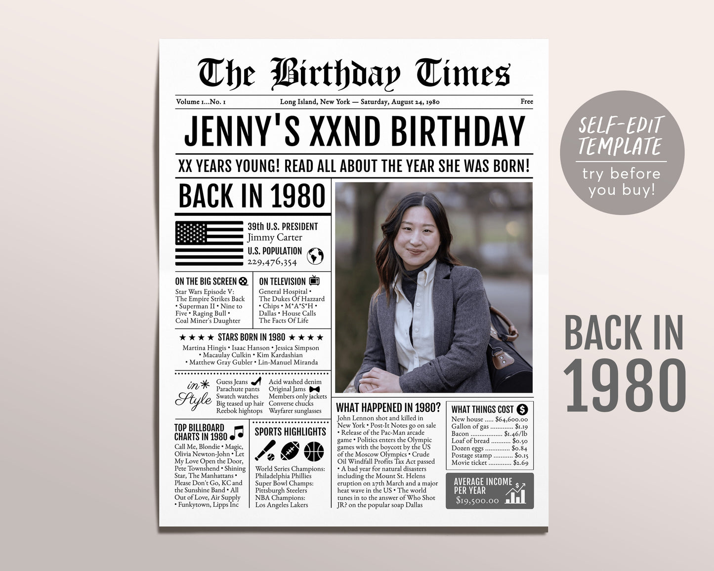 Back in 1980 Birthday Newspaper Editable Template, 43 44 45 Years Ago, 43rd 44th 45th Birthday Sign Decorations Decor for Men or Women