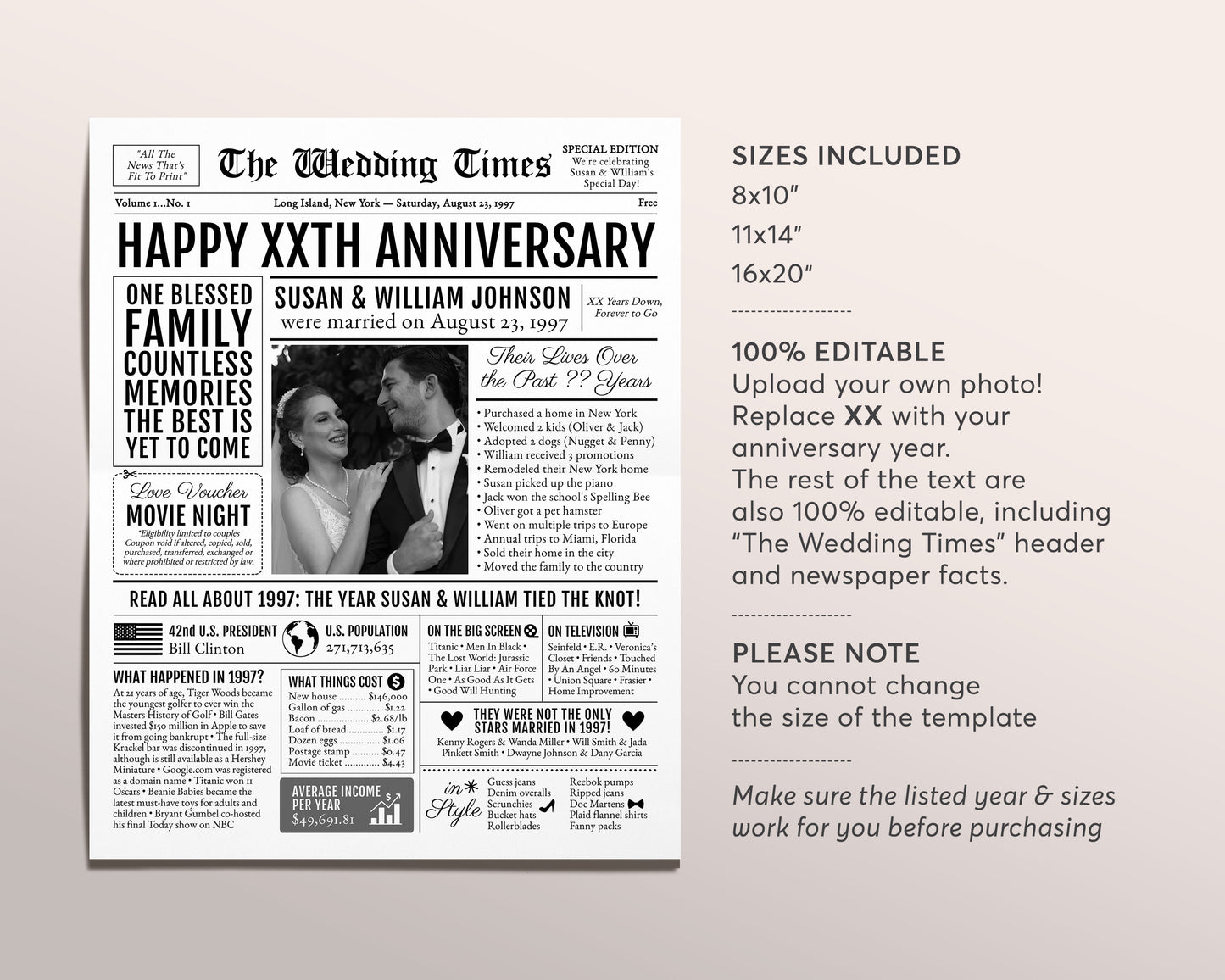 Back in 1997 26th 27th 28th Anniversary Gift Newspaper Editable Template, Personalized 26 27 28 Year Wedding For Parents Husband Or Wife