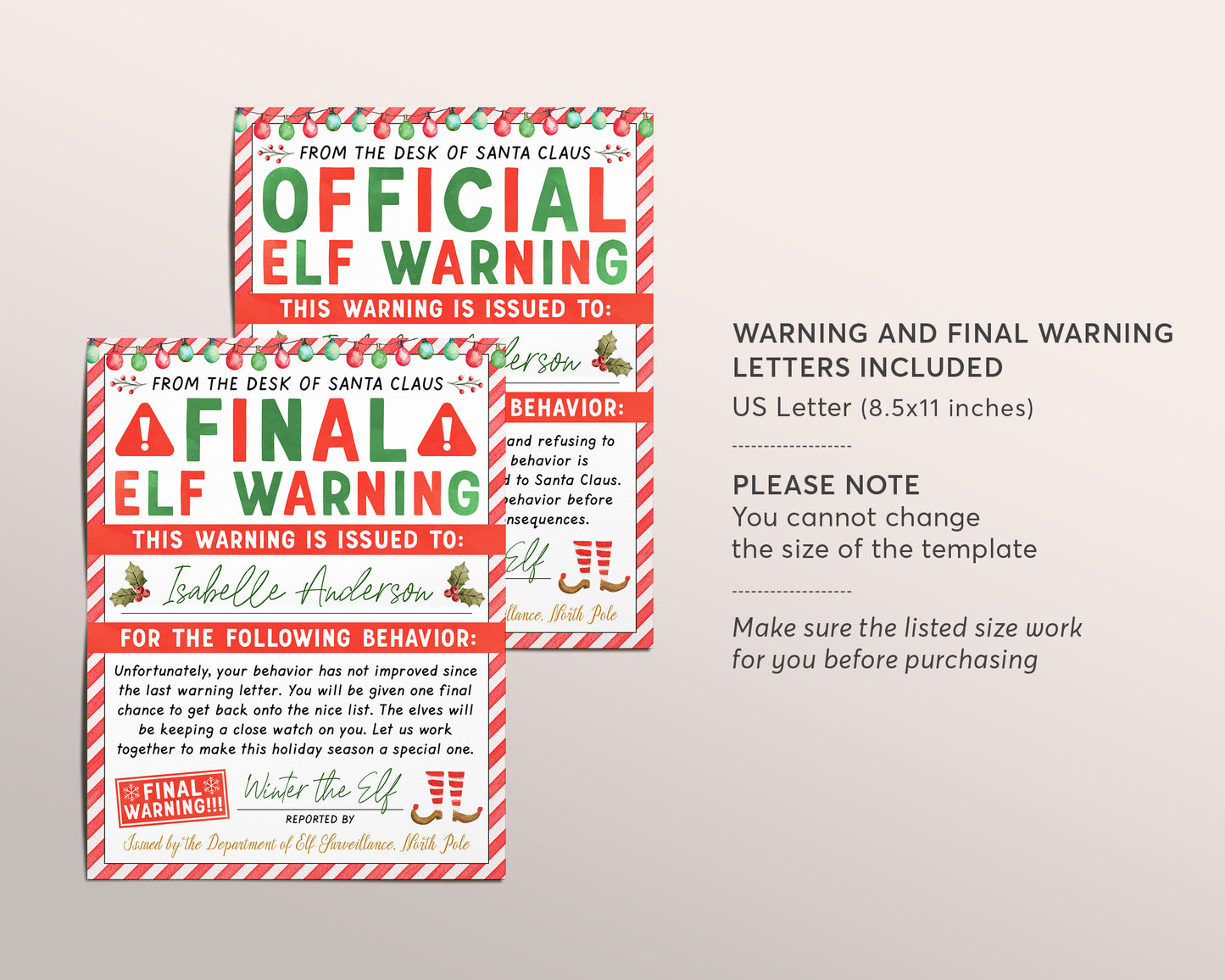 Elf Warning Report Editable Template, Official Christmas Behavior Report Final Warning, Elf Surveillance, Santa Warning Letter North Pole