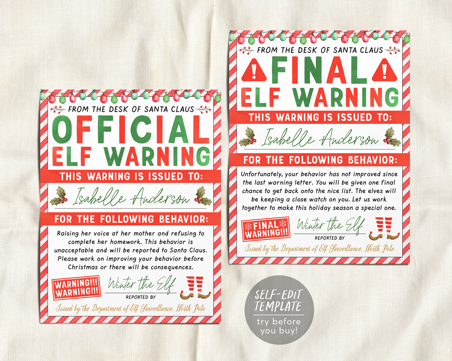 Elf Warning Report Editable Template, Official Christmas Behavior Report Final Warning, Elf Surveillance, Santa Warning Letter North Pole