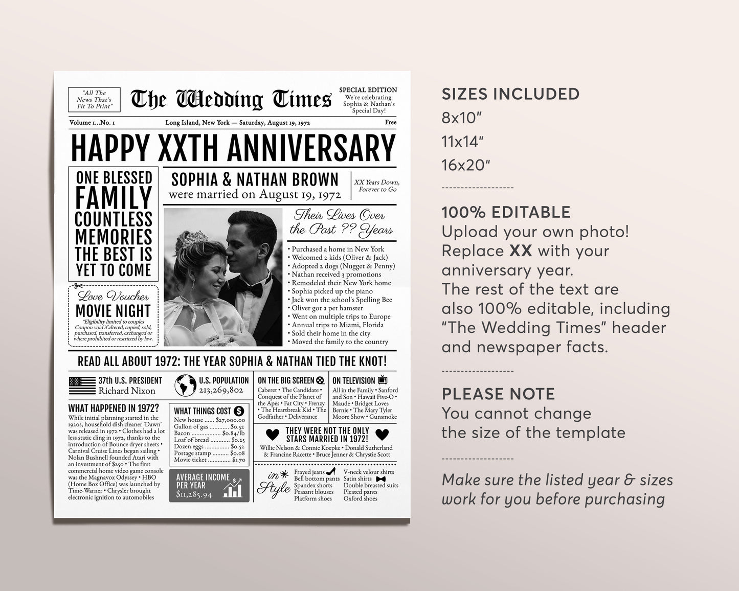 Back in 1972 51st 52nd 53rd Anniversary Gift Newspaper Editable Template, Personalized 51 52 53 Year Wedding For Parents Husband Or Wife