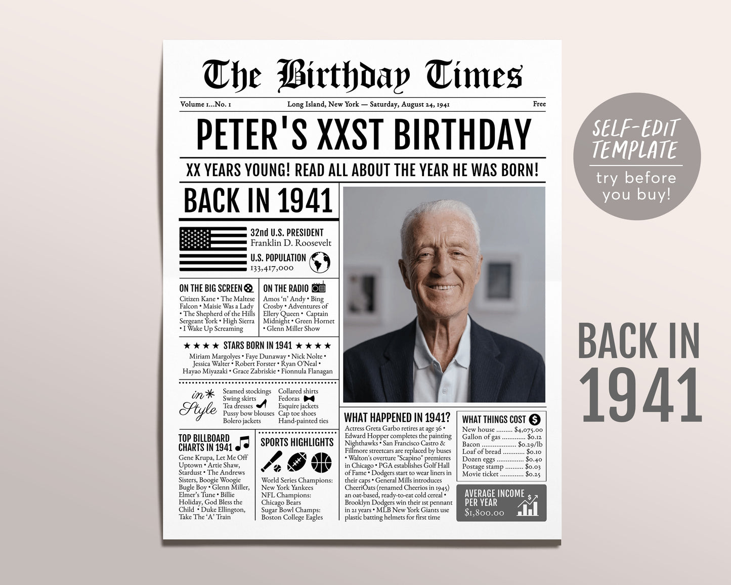 Back in 1941 Birthday Newspaper Editable Template, 82 83 84 Years Ago, 82nd 83rd 84th Birthday Sign Decorations Decor for Men or Women