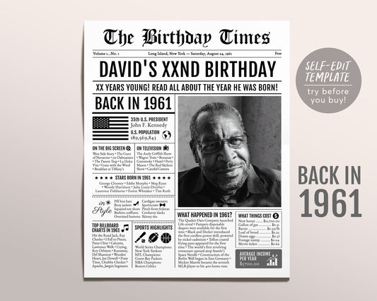 Back in 1961 Birthday Newspaper Editable Template, 62 63 64 Years Ago, 62nd 63rd 64th Birthday Sign Decorations Decor for Men or Women