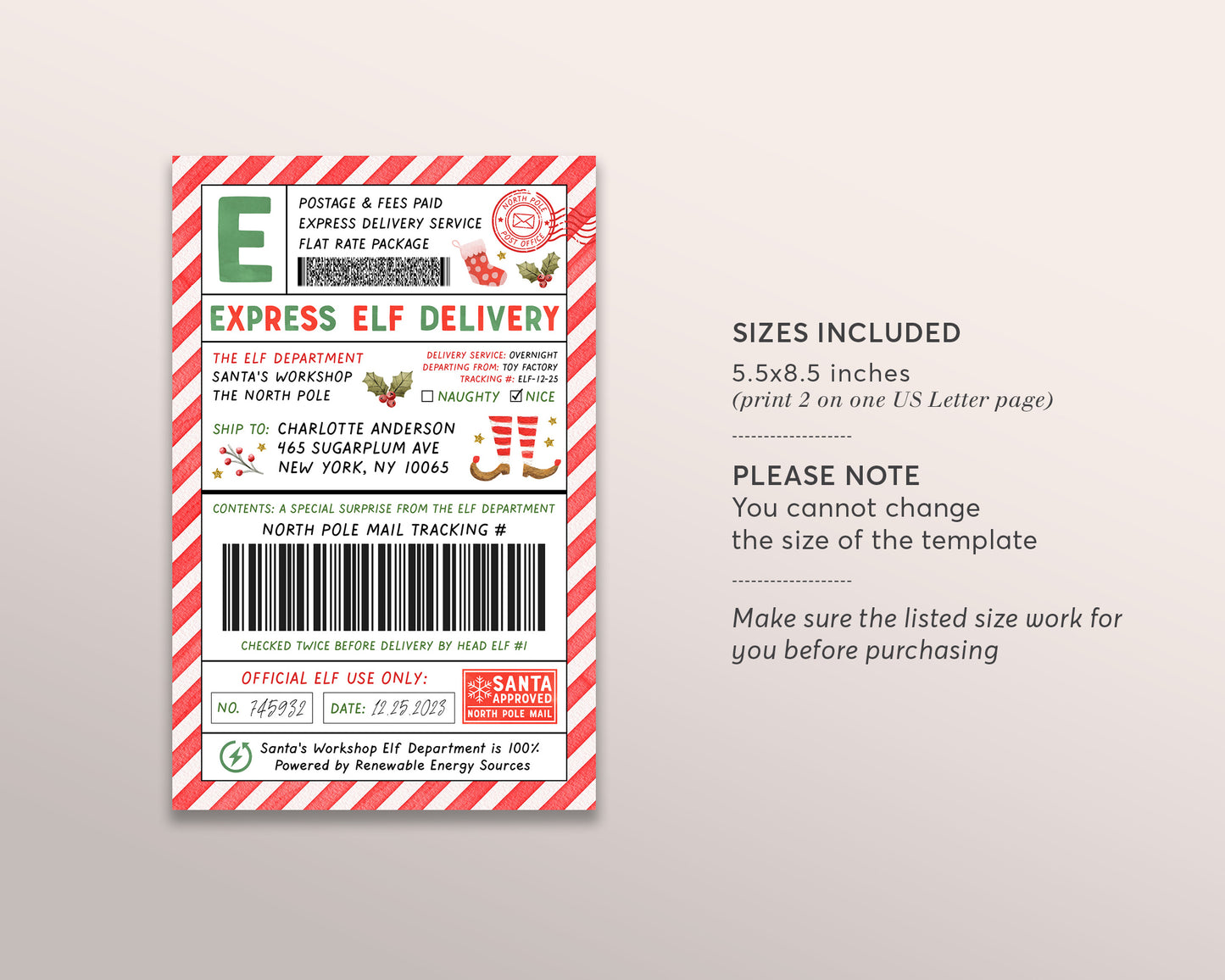 Elf Mail Shipping Labels North Pole Large Gift Tag Editable Template, Elf North Pole Delivery Christmas Arrival Package Sticker, Santa Mail