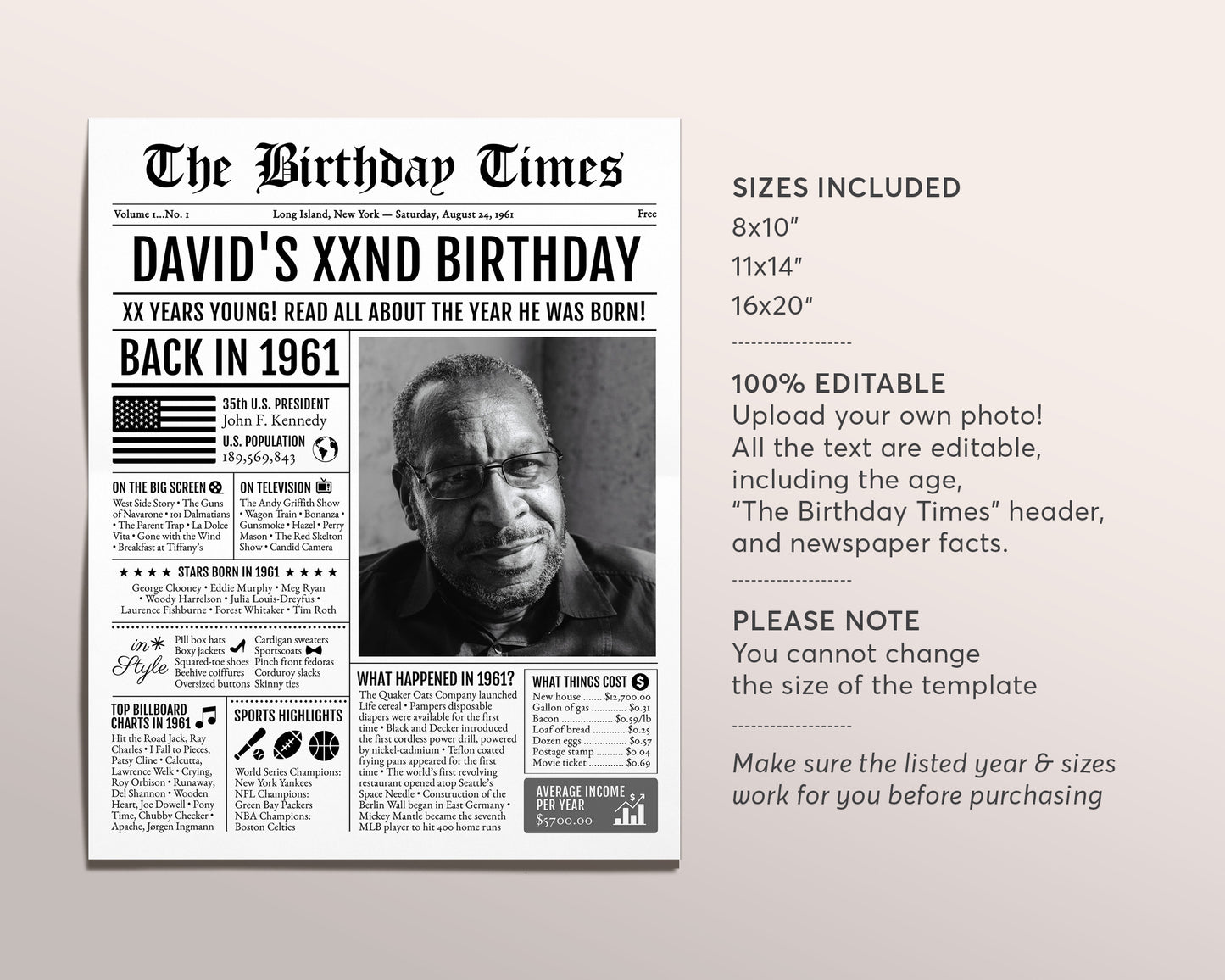 Back in 1961 Birthday Newspaper Editable Template, 62 63 64 Years Ago, 62nd 63rd 64th Birthday Sign Decorations Decor for Men or Women
