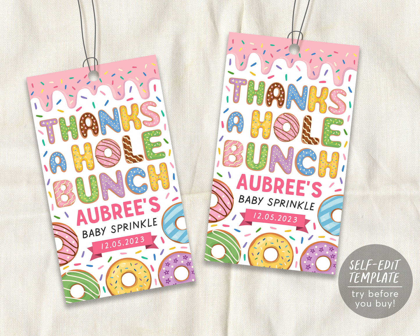 Donut Baby Shower Favor Tags Editable Template, Thanks A hole Bunch Sprinkles Girl Birthday Party Favour Tag, Sweet One Doughnut Decoration