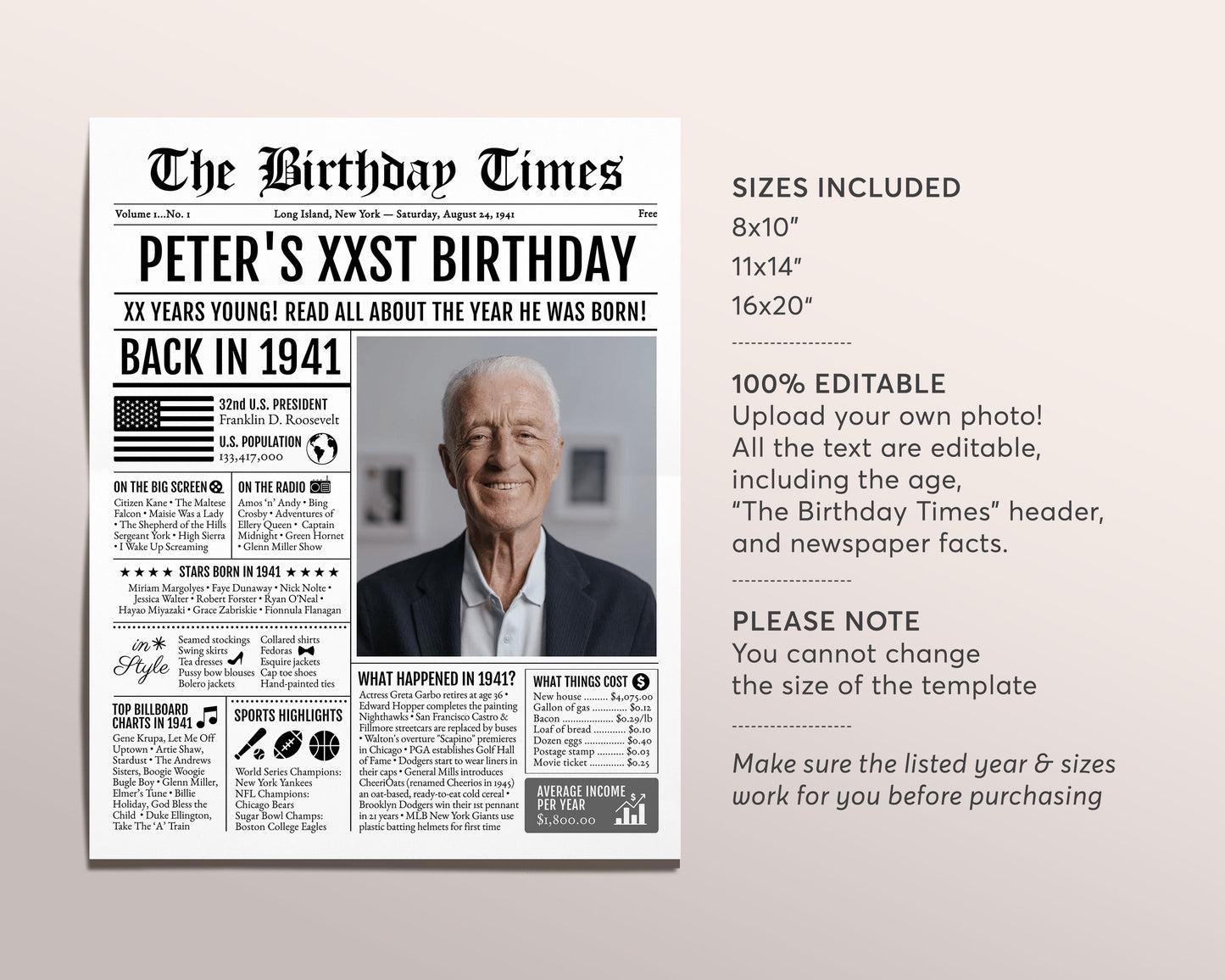 Back in 1941 Birthday Newspaper Editable Template, 82 83 84 Years Ago, 82nd 83rd 84th Birthday Sign Decorations Decor for Men or Women