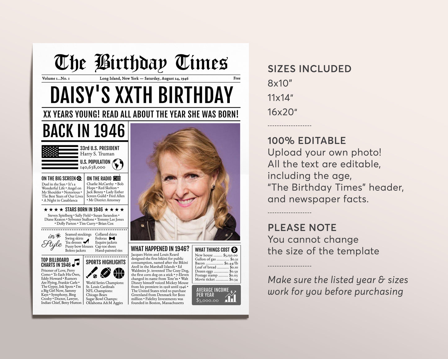 Back in 1946 Birthday Newspaper Editable Template, 77 78 79 Years Ago, 77th 78th 79th Birthday Sign Decorations Decor for Men or Women