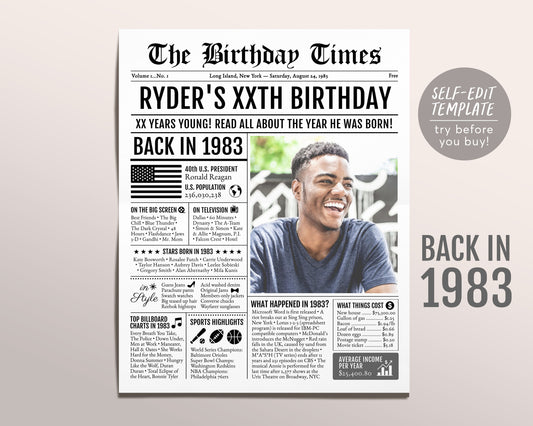 Back in 1983 Birthday Newspaper Editable Template, 40 41 42 Years Ago, 40th 41st 42nd Birthday Sign Decorations Decor for Men or Women