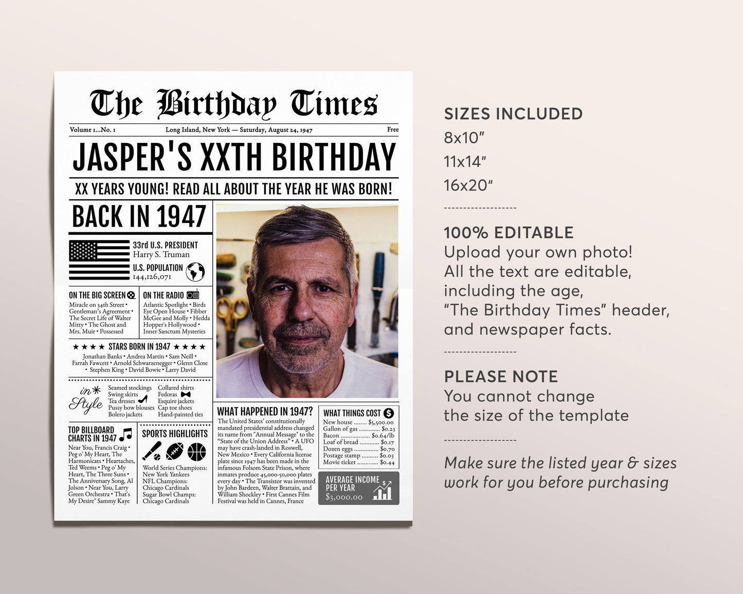 Back in 1947 Birthday Newspaper Editable Template, 76 77 78 Years Ago, 76th 77th 78th Birthday Sign Decorations Decor for Men or Women