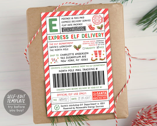 Elf Mail Shipping Labels North Pole Large Gift Tag Editable Template, Elf North Pole Delivery Christmas Arrival Package Sticker, Santa Mail