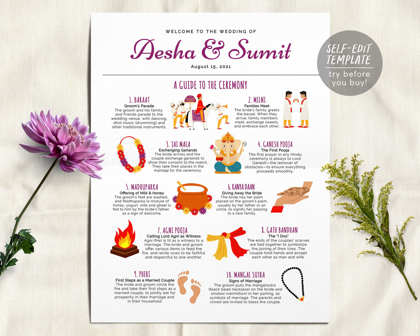 Indian Ceremony Program Template, Editable Hindu Wedding Program, Colorful Indian Reception Ceremony, Infographic Wedding, Ganesh, Jai Mala