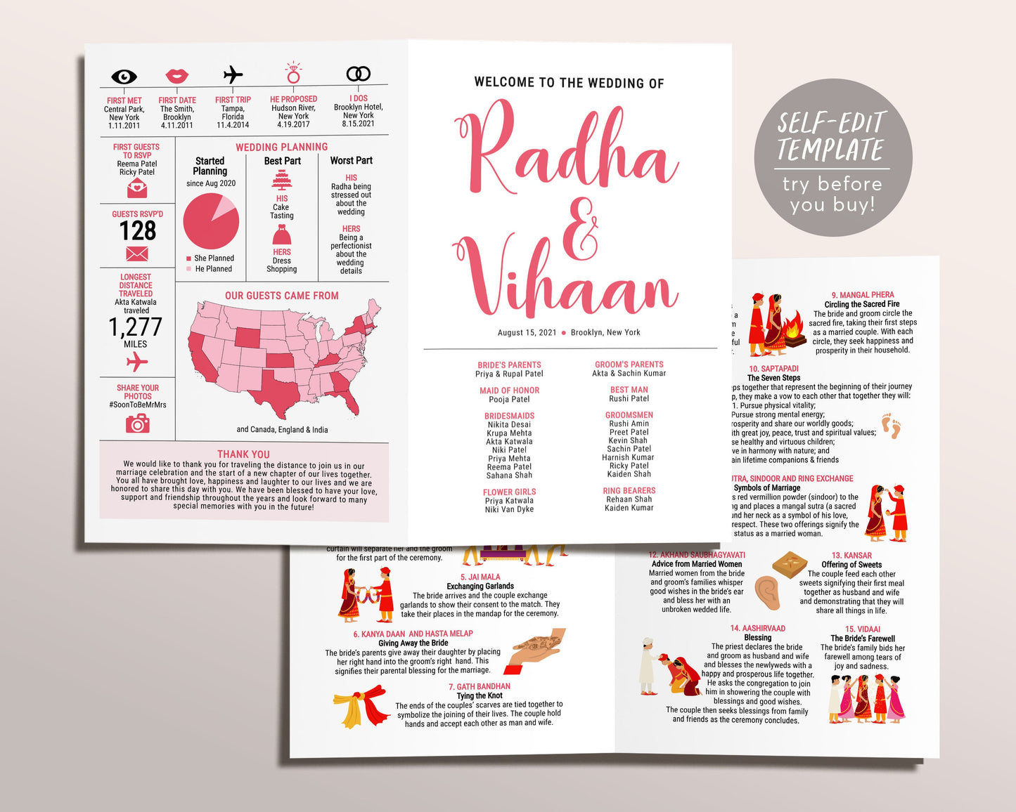 Indian Wedding Program Template, Hindu Reception Ceremony Infographi, Colorful Indian Wedding Program Booklet, Pink Indian Invitation