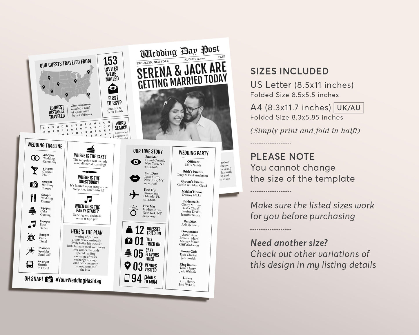 Mini Newspaper Wedding Program Template, Editable Timeline Printable, Bifold Wedding Program, Reception Program Booklet, Black and White