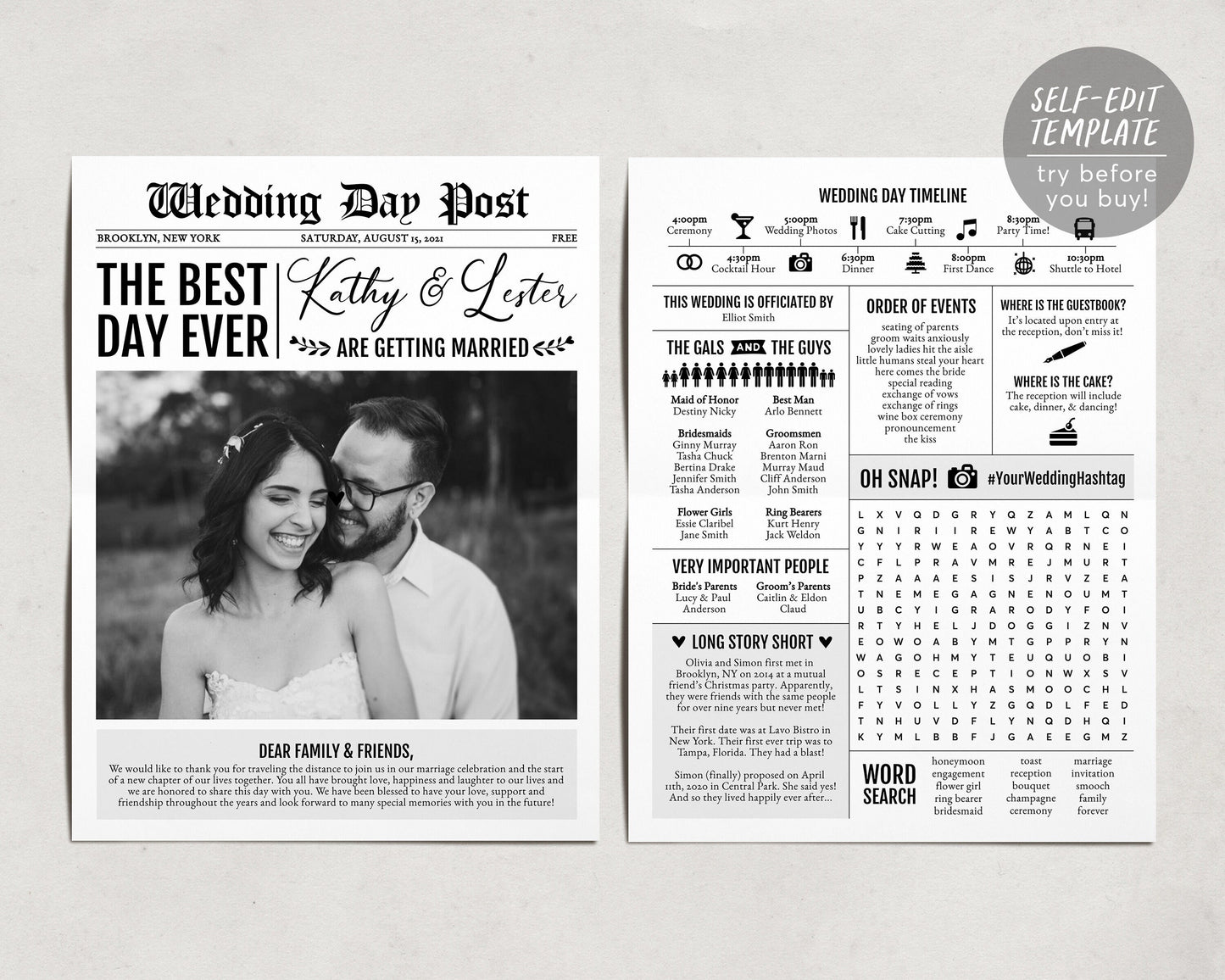 Newspaper Ceremony Program Template, Editable Program, Wedding Program Printable, Traditional Post, Wedding Timeline, Reception Games