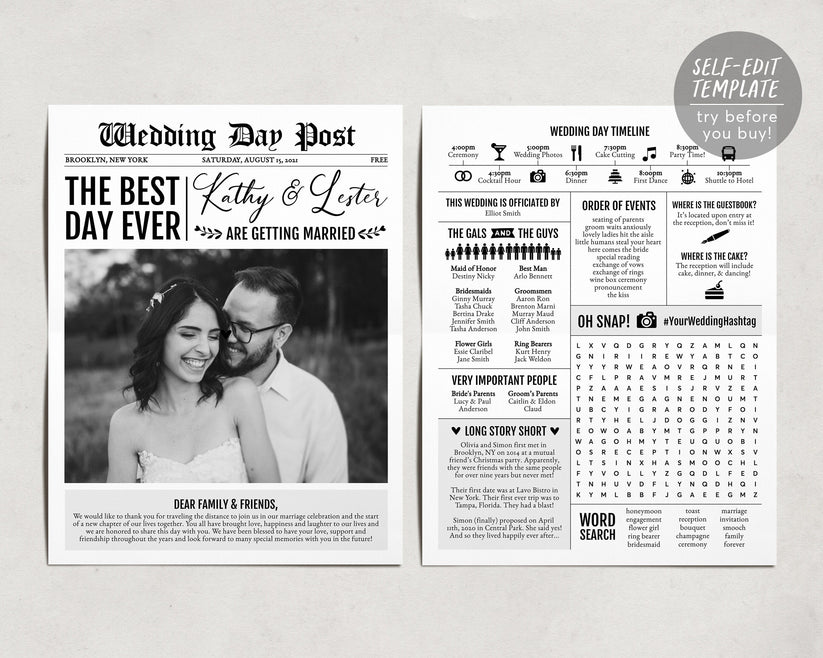 Newspaper Ceremony Program Template, Editable Program, Wedding Program ...