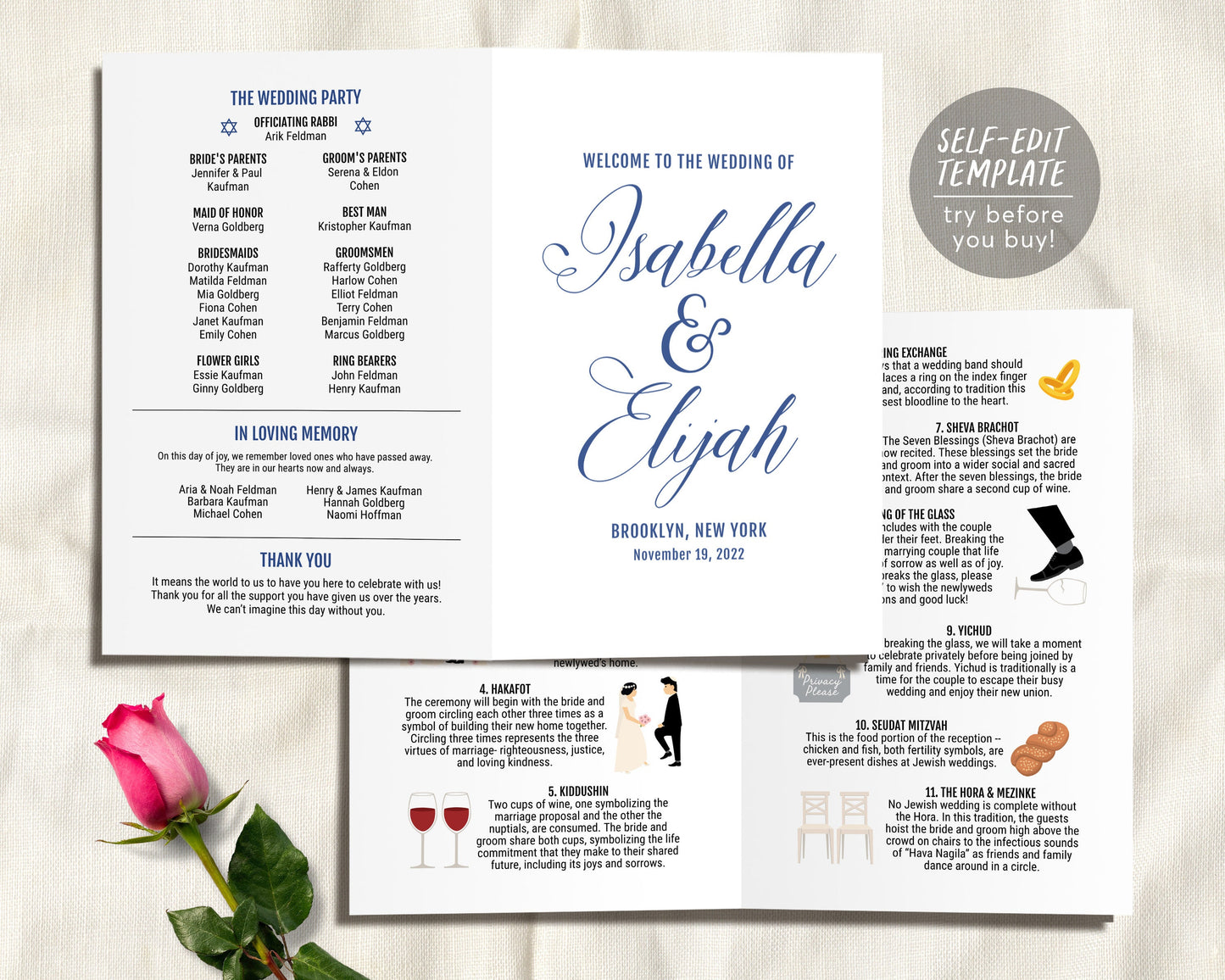 Jewish Wedding Program Infographic, Bifold Program, Editable Ceremony Template, Jewish Infographic Wedding, Religious Wedding Program Guide